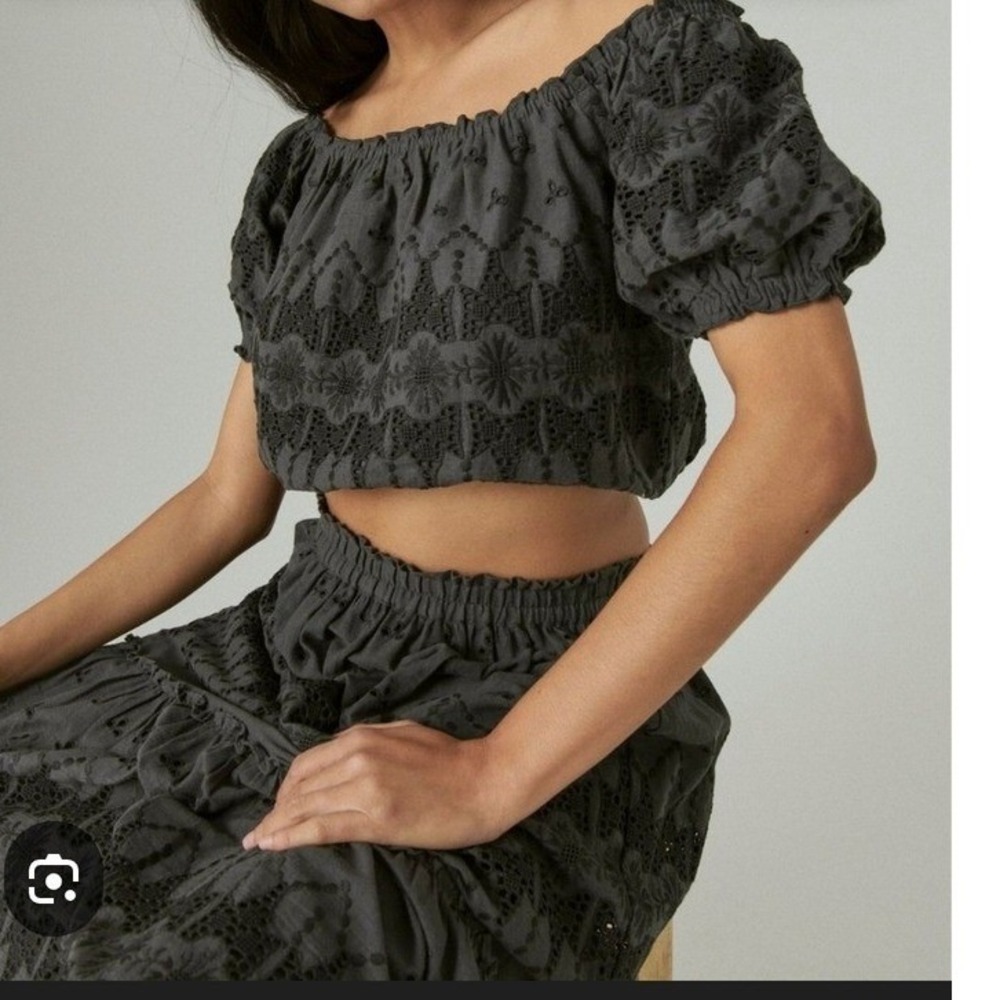 Lucky Brand Charcoal Gray Eyelet Embroidered Off Shoulder Crop Top XL beach